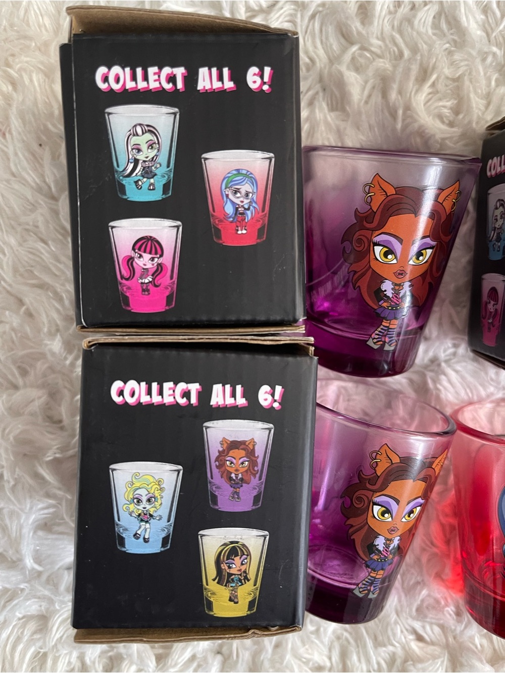 Mattel Purple and Pink Character Shot Glasses - Set of Collectible Cartoon Art